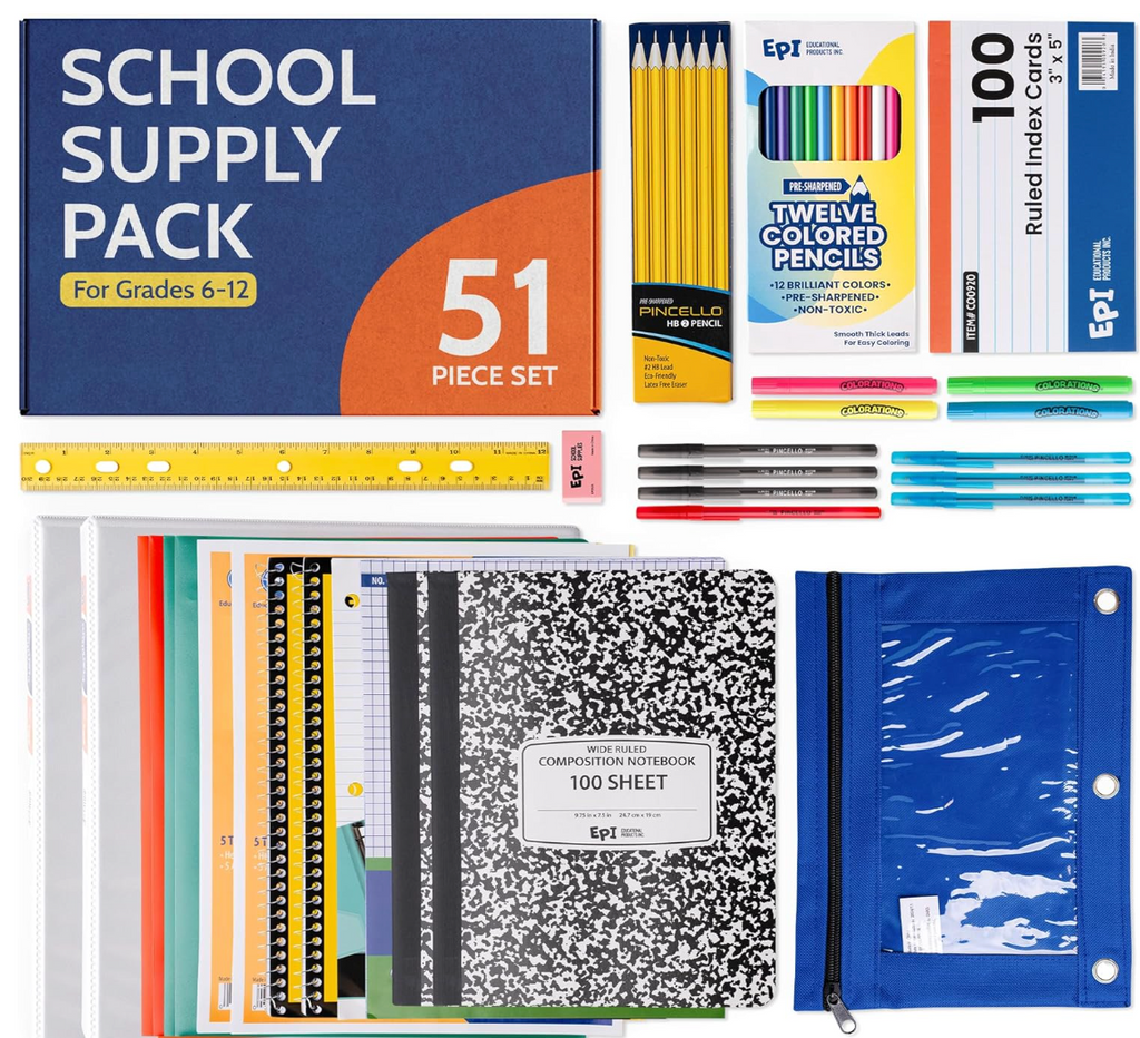 EPI Essentials Back to School Supplies for Kids 6th-12th Grade – 51 Items in Kit – Middle to High School Supply Packs – College-Ruled Bundle with Composition Notebooks – Suitable for Homeschooling