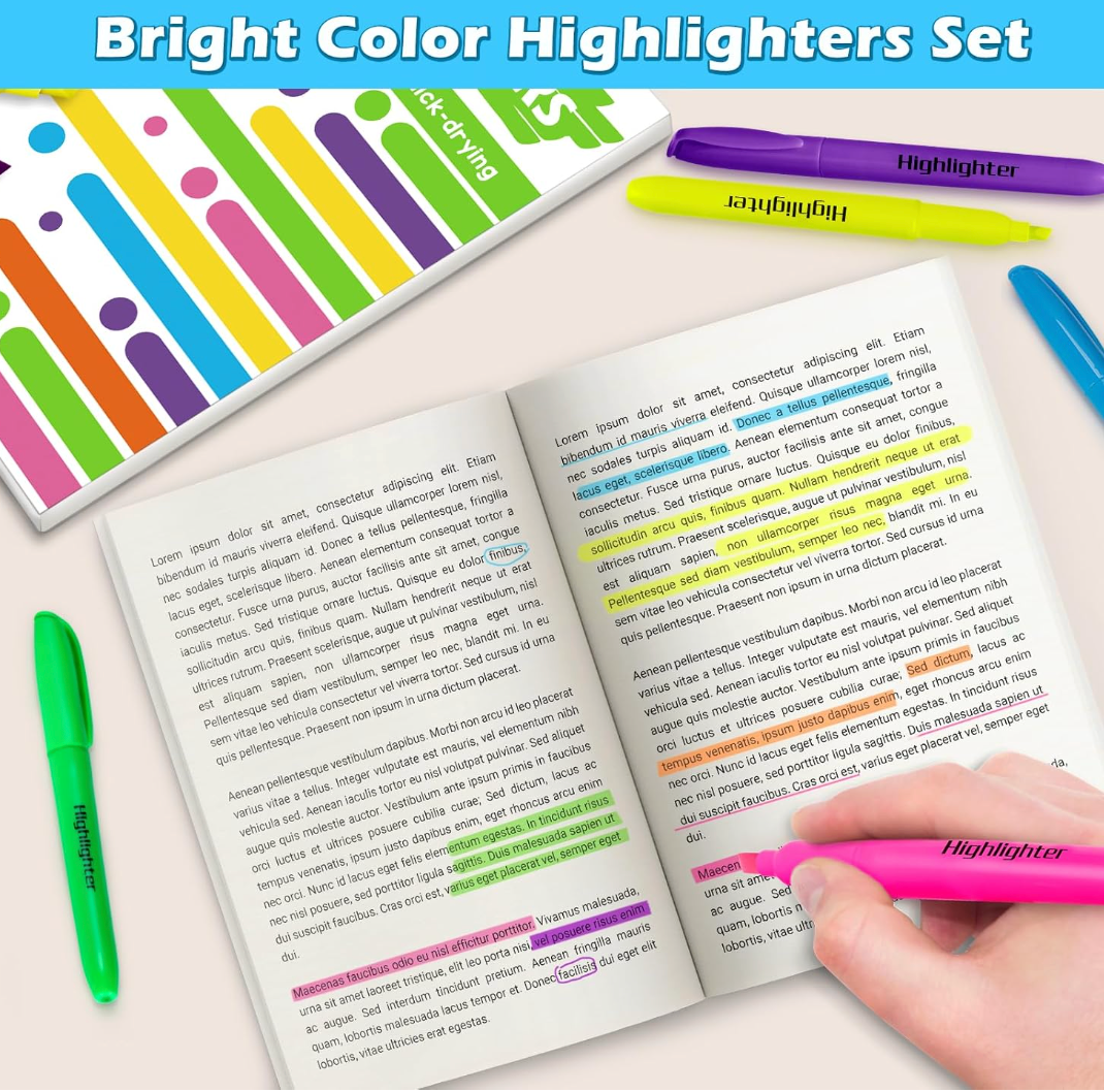V-Opitos 30 Pack Highlighters in 6 Assorted Colors, No Bleed, Bright With Soft Chisel Tips, Ideal for Office and School Supplies