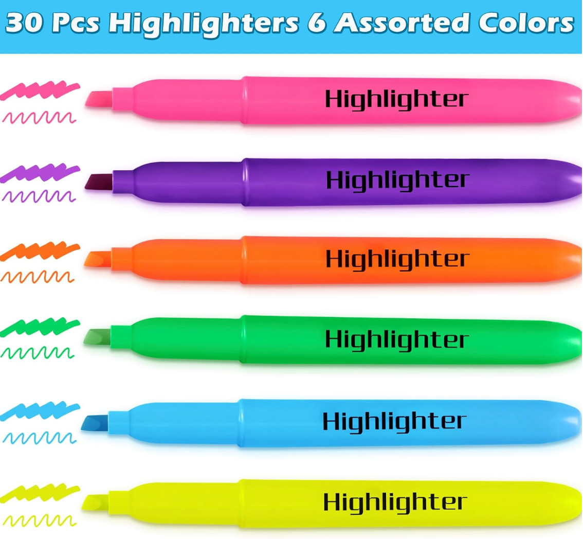 V-Opitos 30 Pack Highlighters in 6 Assorted Colors, No Bleed, Bright With Soft Chisel Tips, Ideal for Office and School Supplies