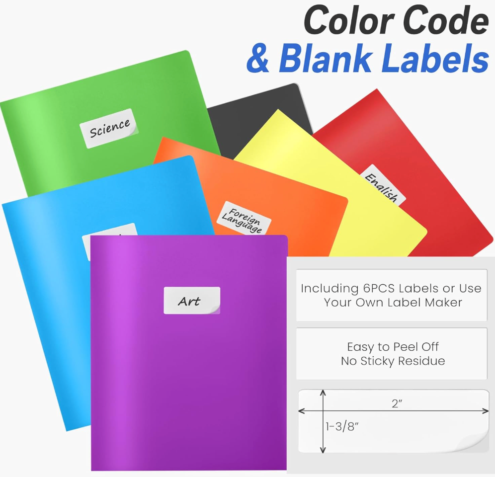 Sooez 7 Pack Folders with Pockets, 2 Pocket Folders with Extra Labels, Plastic Folder with Pockets, Heavy Duty File Folder Bulk, School Business Office Filing Supplies