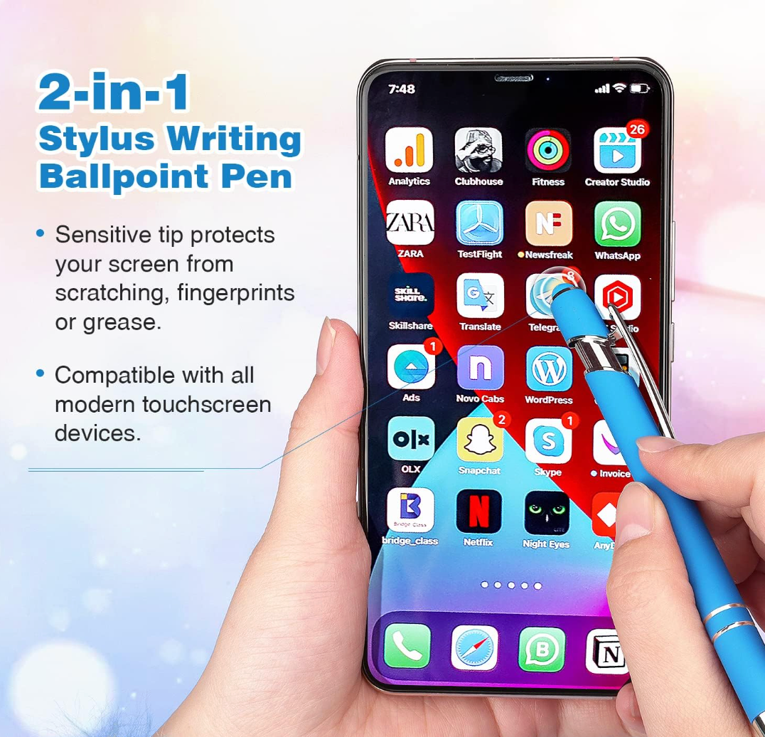 Bribobo 8 Pack Ballpoint Pen 2-in-1 Stylus Retractable Ballpoint Pen with Stylus tip, Metal Stylus Pen for Touch Screens, 1.0 mm Black Ink