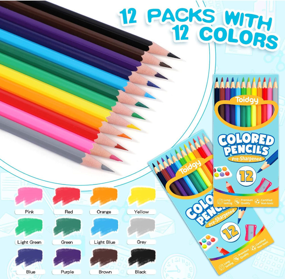 144 Count Colored Pencils for Kids, 12 Packs Colored Pencils Bulk 12 Colors, Pre-sharpened Color Pencils for Adults, Bulk School Supplies for Teachers, Back to School Supplies, Classroom Prizes