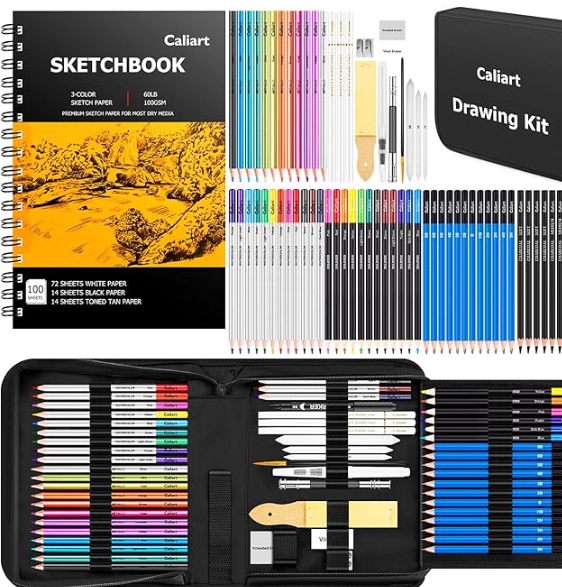 Caliart 176PCS Art Supplies Sketching Kit with 100 Sheets 3-Color Sketch Book, Graphite Colored Charcoal Watercolor & Metallic Pencils, Drawing Set Gifts for Adults Teens Girls Boys Kids