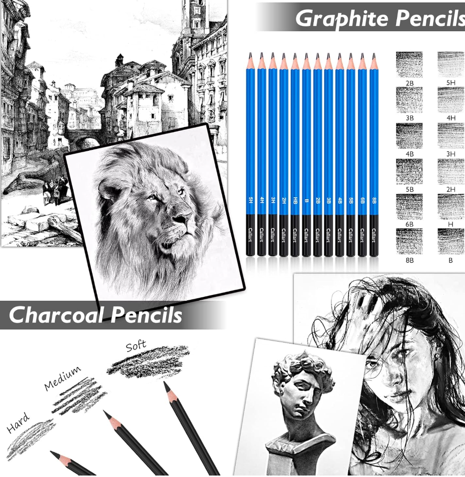 Caliart 176PCS Art Supplies Sketching Kit with 100 Sheets 3-Color Sketch Book, Graphite Colored Charcoal Watercolor & Metallic Pencils, Drawing Set Gifts for Adults Teens Girls Boys Kids