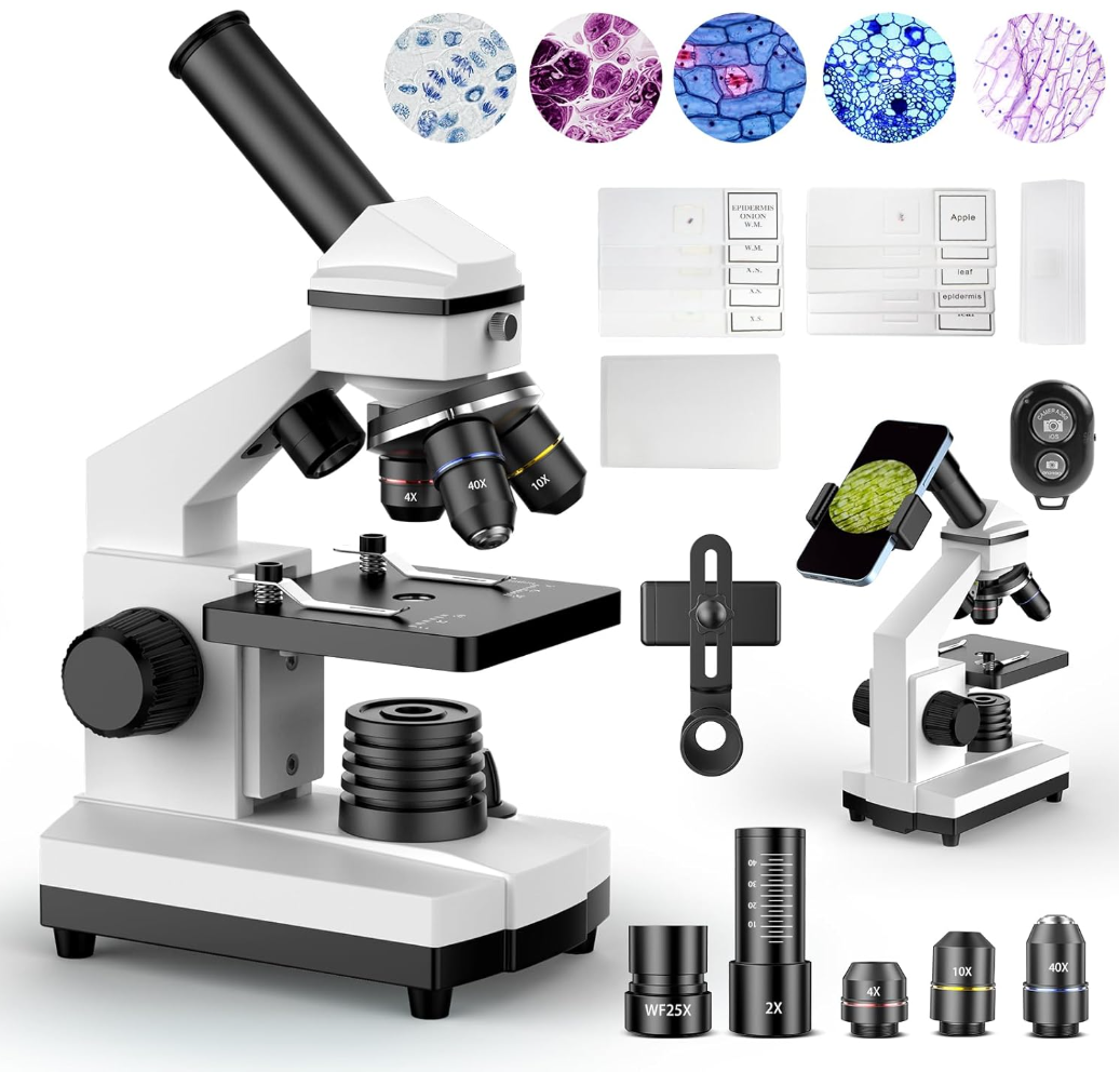PalliPartners Compound Microscope for Adults & Students - 100X-2000X High-Power Biological Microscope for Students, School Lab & Home Education, with Slides Set & Phone Adapter (White)