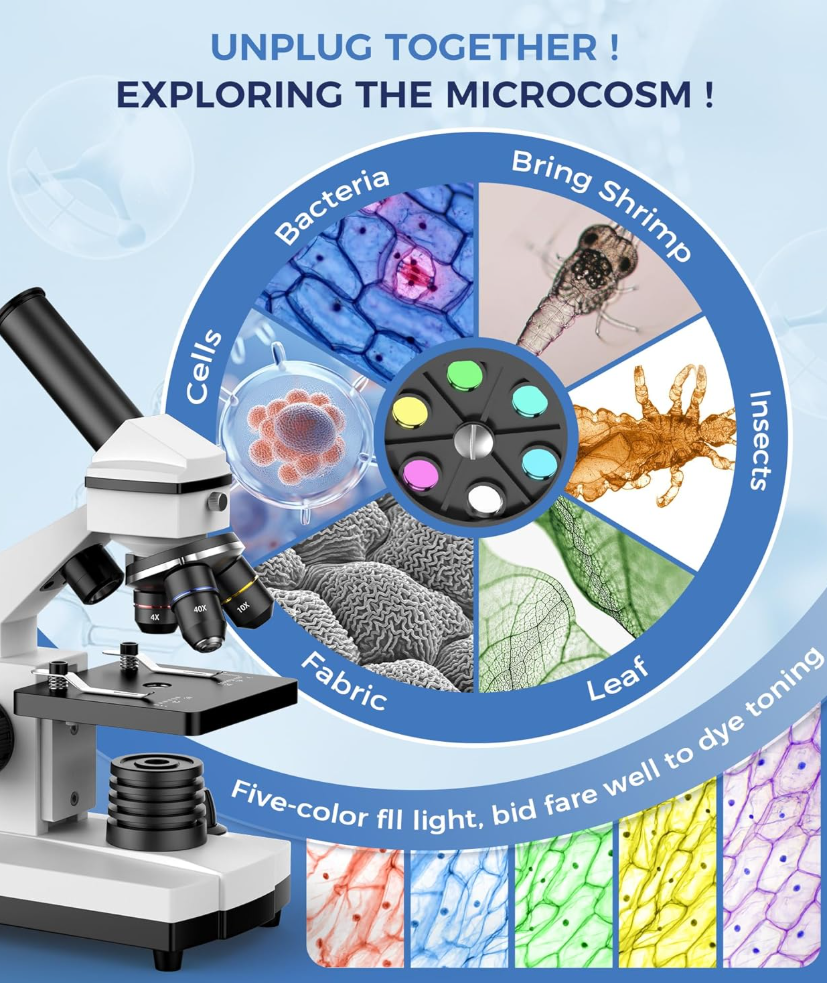 PalliPartners Compound Microscope for Adults & Students - 100X-2000X High-Power Biological Microscope for Students, School Lab & Home Education, with Slides Set & Phone Adapter (White)