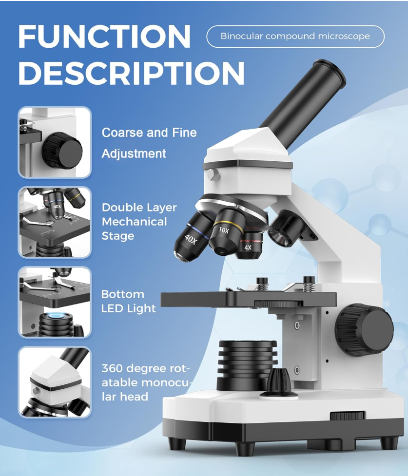 PalliPartners Compound Microscope for Adults & Students - 100X-2000X High-Power Biological Microscope for Students, School Lab & Home Education, with Slides Set & Phone Adapter (White)
