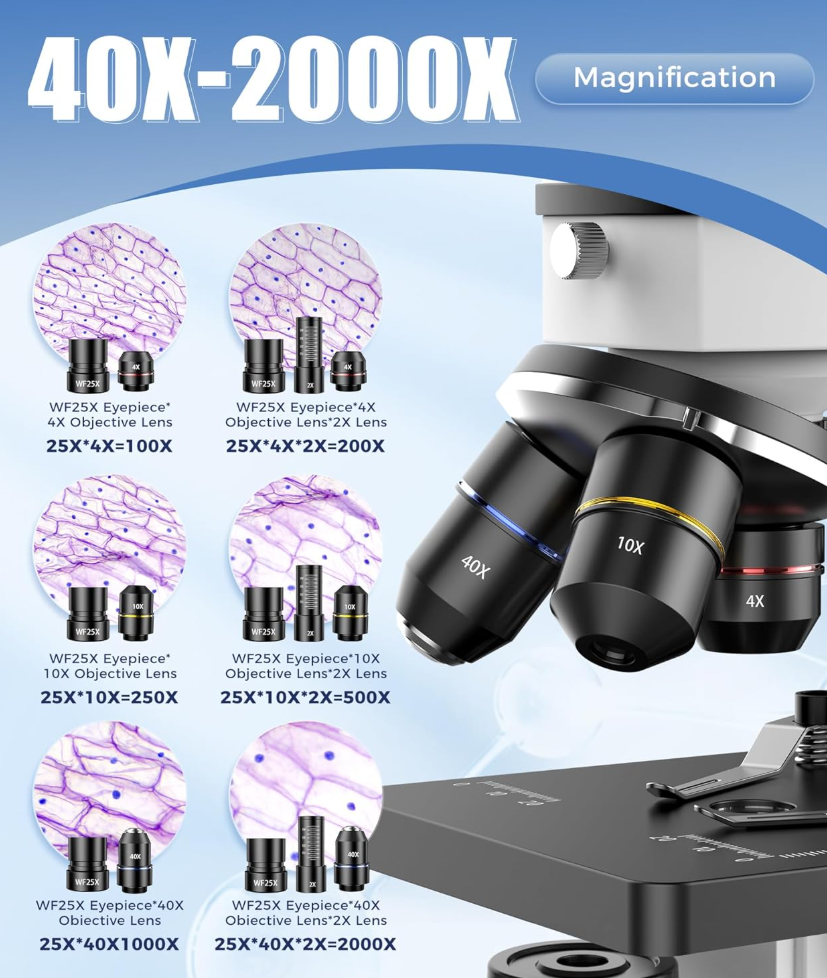 PalliPartners Compound Microscope for Adults & Students - 100X-2000X High-Power Biological Microscope for Students, School Lab & Home Education, with Slides Set & Phone Adapter (White)