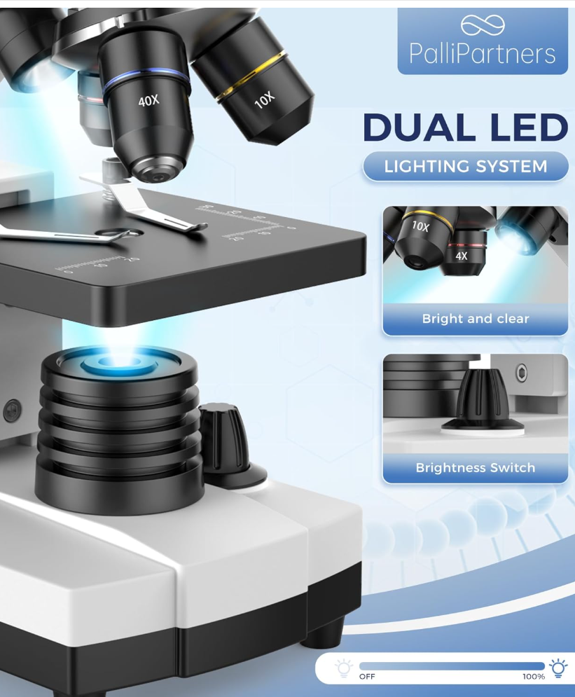 PalliPartners Compound Microscope for Adults & Students - 100X-2000X High-Power Biological Microscope for Students, School Lab & Home Education, with Slides Set & Phone Adapter (White)