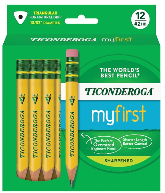 Ticonderoga My First Half-Size Wooden Pencils, Large Triangle-Barrel Pre-Sharpened #2 (HB) Short 4.5" Yellow Pencils with Erasers, Yellow, 12/Pack