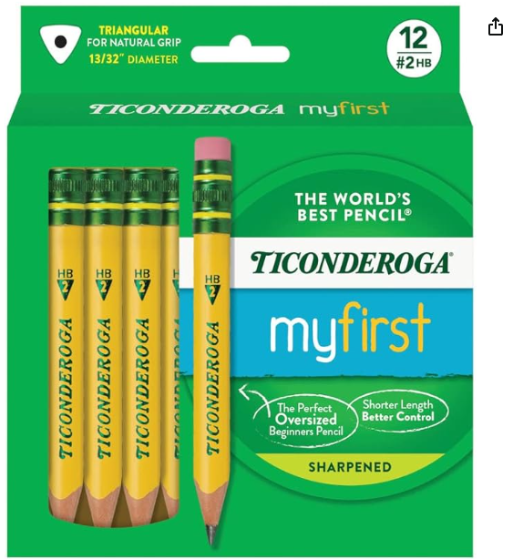 Ticonderoga My First Half-Size Wooden Pencils, Large Triangle-Barrel Pre-Sharpened #2 (HB) Short 4.5" Yellow Pencils with Erasers, Yellow, 12/Pack