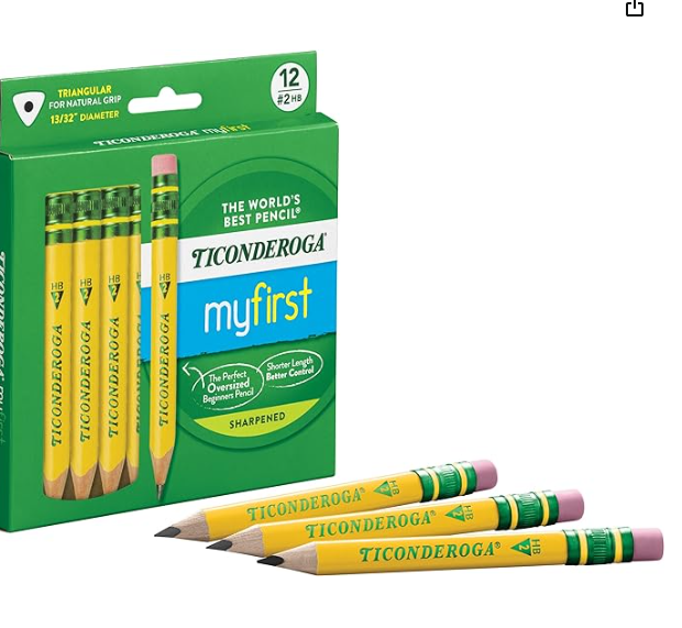 Ticonderoga My First Half-Size Wooden Pencils, Large Triangle-Barrel Pre-Sharpened #2 (HB) Short 4.5" Yellow Pencils with Erasers, Yellow, 12/Pack